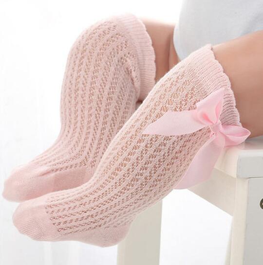 Crianças meninas grande arco na altura do joelho meia alta algodão macio rendas menina meias arco do bebê joelho longo recém-nascido meias novas crianças: pink mesh sock / Fit 2 to 4 year