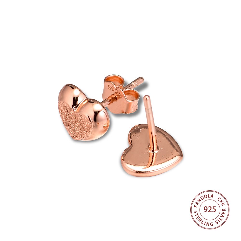 Authentieke 925 Sterling Zilver Rose Goud Matte Brilliance Harten Stud Oorbellen voor Vrouwen Wedding Earring Mode-sieraden brincos