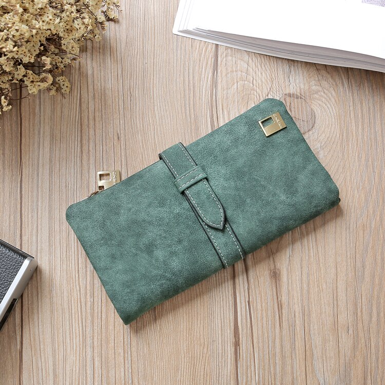 Leer Rits Lange Vrouwen Portefeuilles Effen Trekkoord Nubuck Luxe Portemonnee Portemonnee Kaarthouder Clutch Billetera Mujer: Green
