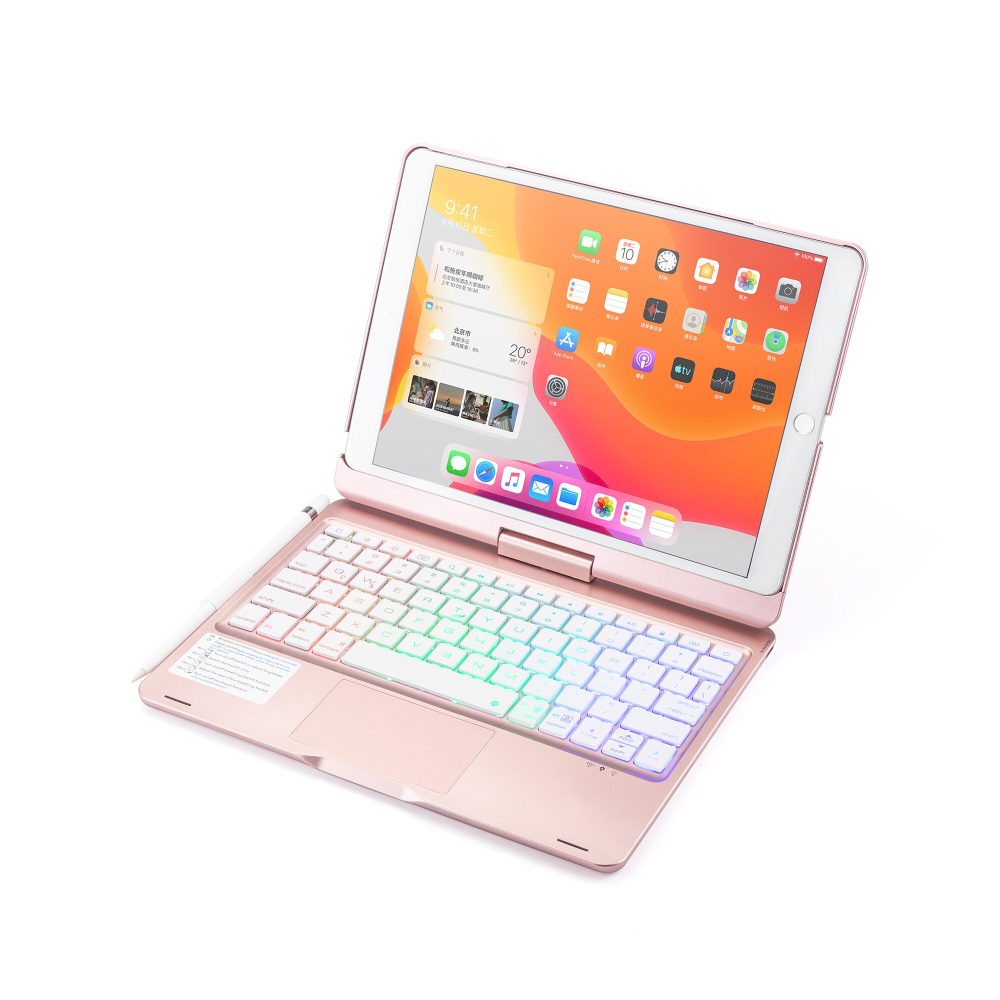 Teclado bluetooth sem fio rotação para ipad 5.1 &quot;10.2&quot;, teclado de tablet de plástico + suporte de lápis + luz de fundo em 7 cores, 10.5: Rose