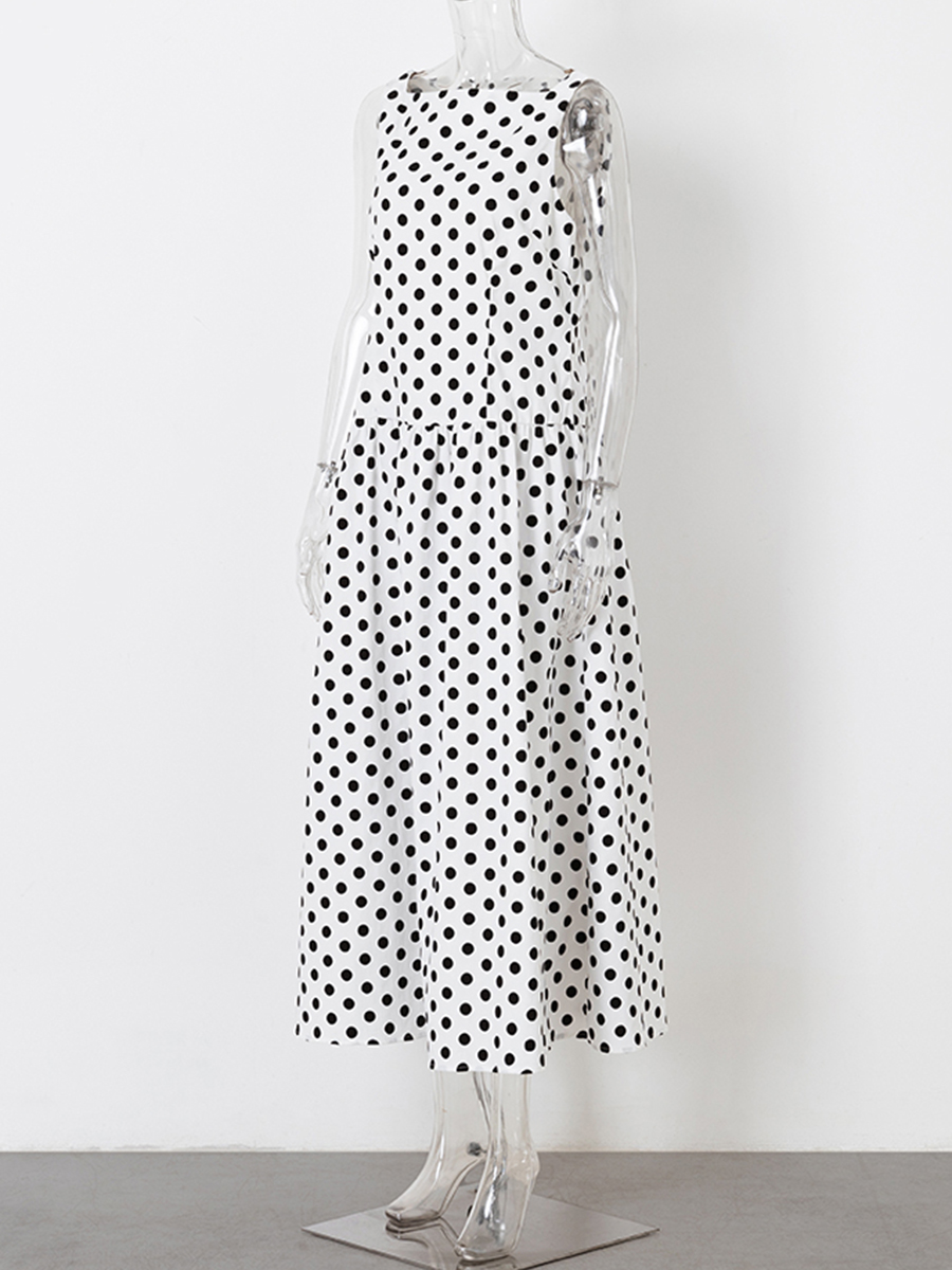 Polka Dots White Long Dresses Women Summer Sleeveless A-line Vestidos Vintage Simple Casual Midi Dress