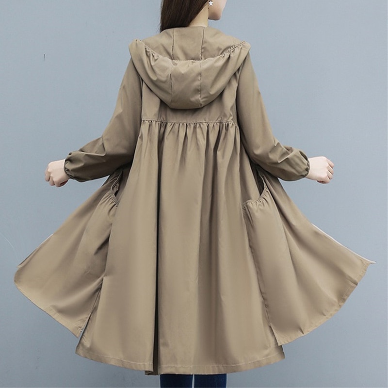 Lång kappa tunn trenchcoat dam 2022 vår höst stor storlek lös huva kvinnlig vindjacka fritids ytterkläder  r863