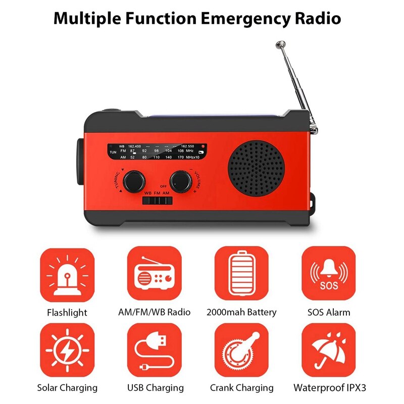solenergi nødsituasjon er fm wb radio med lommelykt sos alarm dynamo håndveiv noaa radio 2000 mah makt bank til mobiltelefon