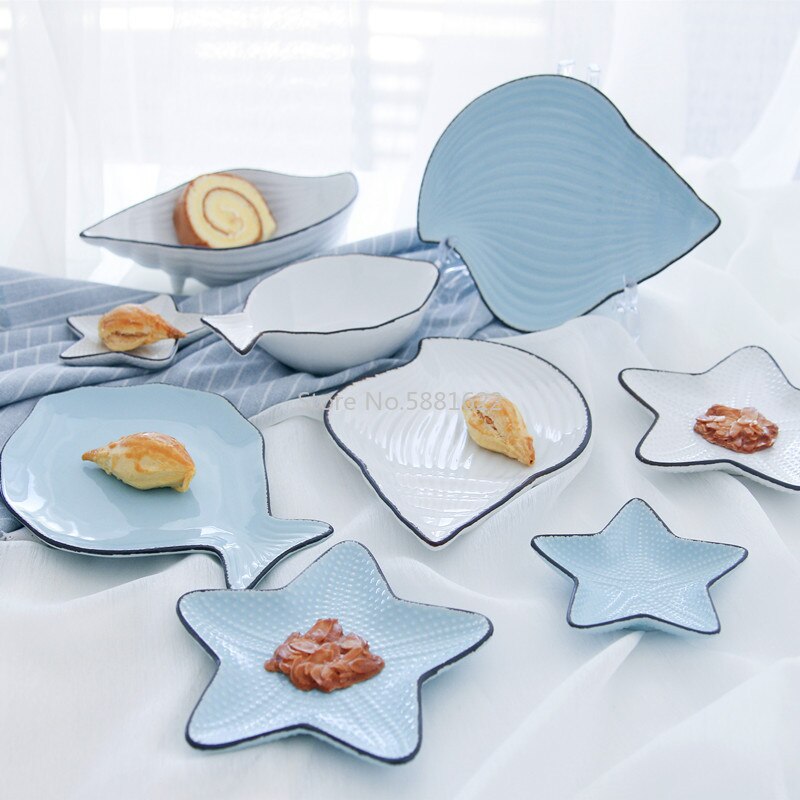 Japanse Oceaan Keramische Ontbijt Plat Servies Walvis Vis Schotel Shell Zeester Vorm Rijstkom Blauw Wit Porselein Servies