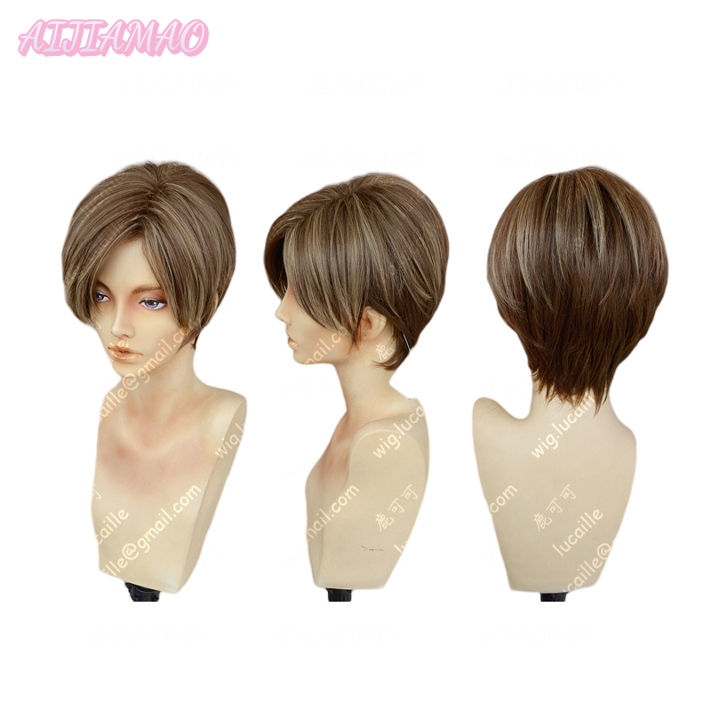 Movie Leon Scott Kennedy Short Brown Color Highlights Styled Heat Resistant Hair Cosplay Costume Wig + Free Wig Cap