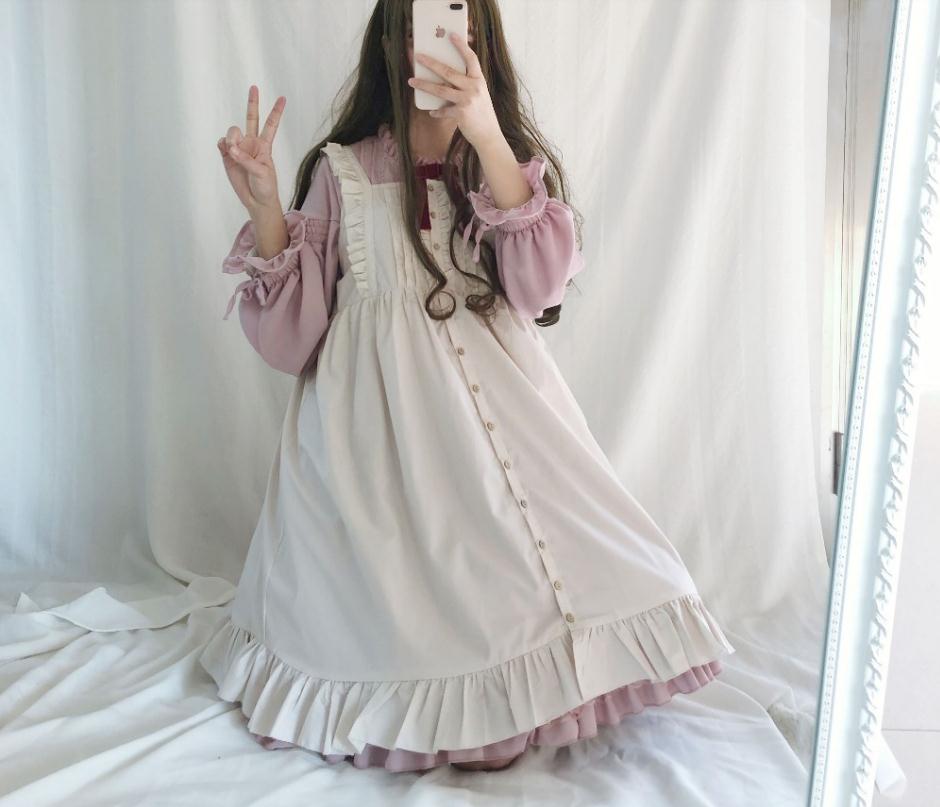 Japanese Ruffled Gretel Simpska dress Girl Lolita Dress Princess Lolita Dress falbala dress Bowknot DRESS LXC001: pink WITH VEST / M