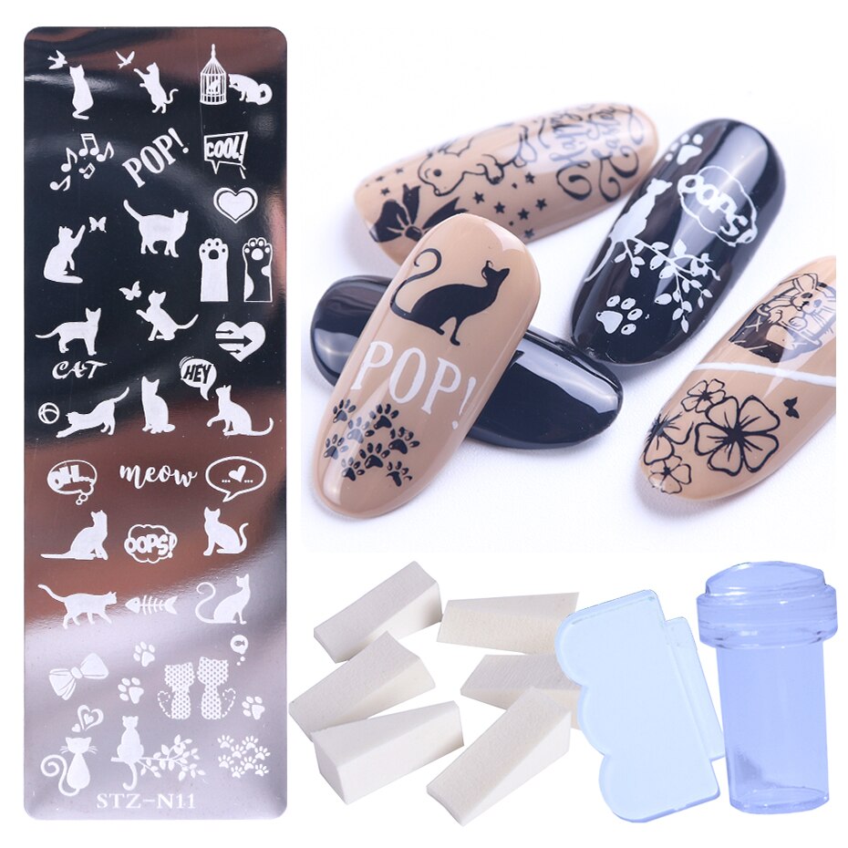 Pochoir pour ongles en dentelle, motifs de fleurs, papillons, feuilles, images d'animaux, tampons, grattoir, éponge, Kit d'outils BESTZN01-12: STZ-N11 Stamper Set