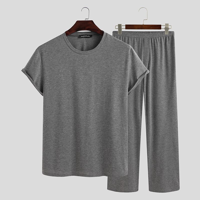 INCERUN Men Solid Pajama Sets Short Sleeve O Neck Tops Elastic Waist Pants 2 Pieces Man Breathable Homewear Loose Suit Plus Size: Gray / S