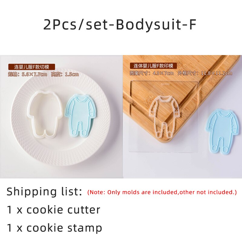 2Pcs Baby Clothes Embossed Cookie Mold Kids Birthday Cake Decorating Tools Fondant Biscuit Cutter Boy Girl Party Dessert Mold: BodySuit-F