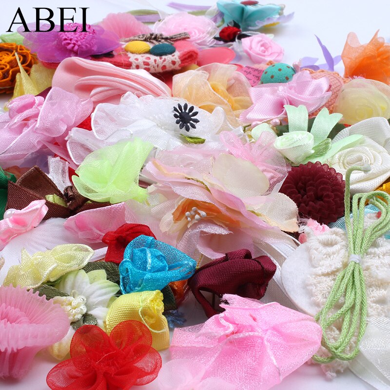 Fleurs, mélange aléatoire, nœuds de Roses bricolage patchs en tissu, ruban, accessoires, Boutique, fait à la main, projet artisanal, couture, fleurs, 100 pièces