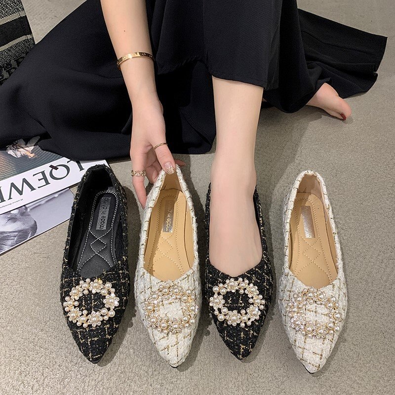 Metalen ketting schoenen vrouw puntige neus casual dames sneakers kristal herfst schoenen vrouwen ondiepe mond dames mocassins