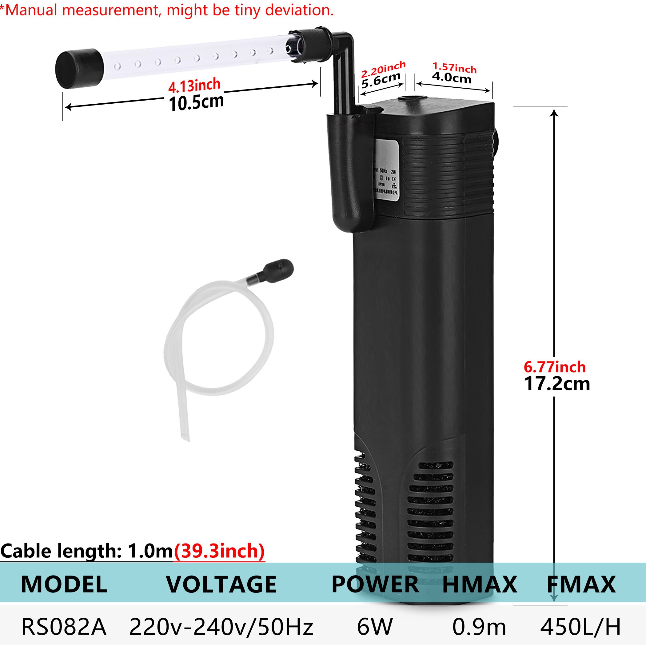 Aquarium Submersible Fish Tank 220V Water Pump &amp; Filtration with Oxygen Tube, Shower Bar and Suction Cup for Pond &amp; Hydroponics: RS082A 118GPH 450LPH / UK Plug