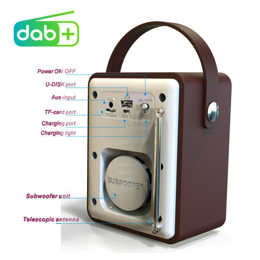 DAB Digital Radio Wood Retro Radio Audio Portable Rechargeable Bluetooth Music Player Support FM/TF Card/U Disk/Alarm Clock