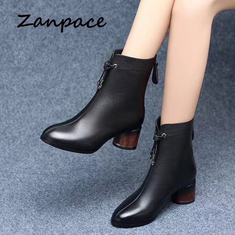 ZANPACE Leder frauen Hohe Stiefel Winter Schwarz Samt Dicke Warme frauen Schuhe Dicken Med Ferse Stiefeletten Frauen der Stiefel Größe 40
