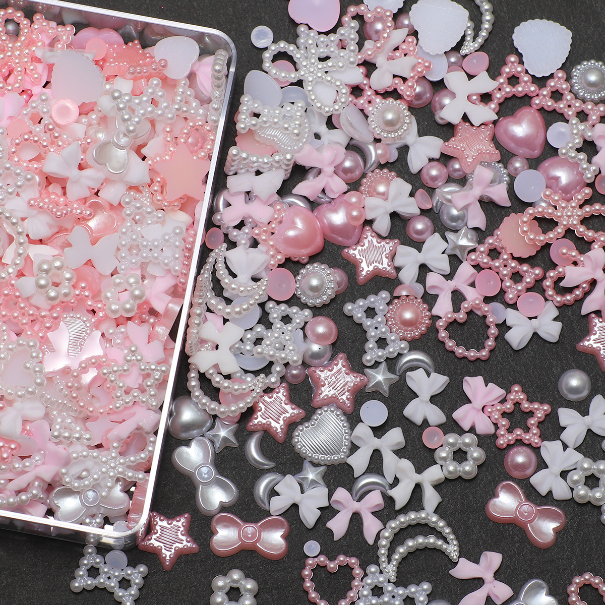 1 doos nagelaccessoires 3D nagelbedel hars liefde boog pentagram nagelaccessoires gemengd roze witte hars holle parel voor manicure