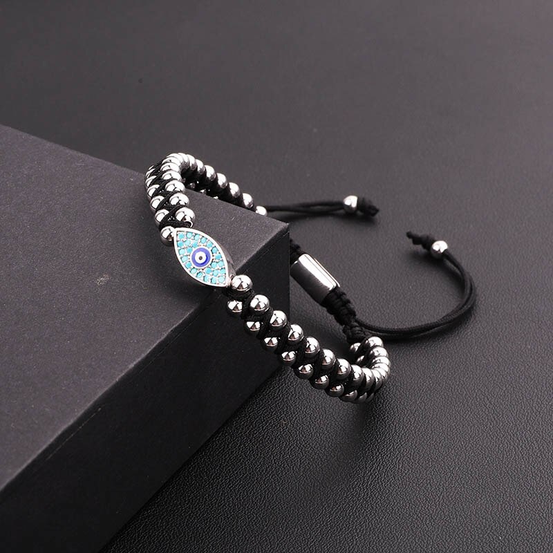 Women Men Bracelet Stainless Steel Beads Blue CZ Eye Charm Braided Macrame Beaded Friendship Bracelet Lucky