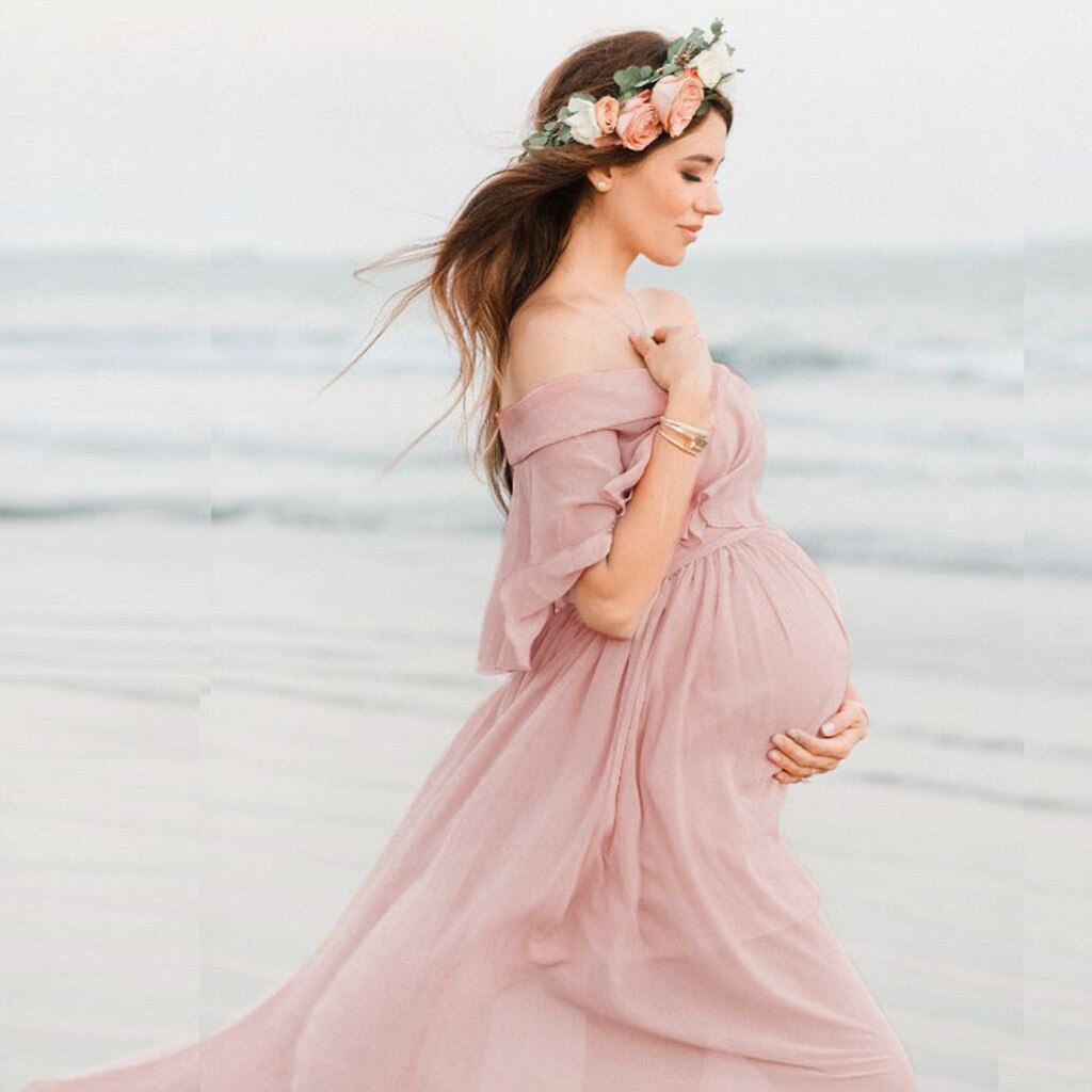 Women Maternity Dresses Summer One Shoulder Party Dress Photography Props Short Sleeve Ruffles Dress Pregnancy#f