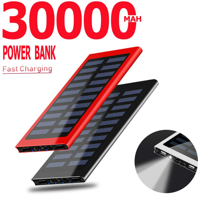 Solar Power Bank 30000mA Portable External Battery H Fast Charging LED Lighting Waterproof Battery Pack for Xiaomi Samsung