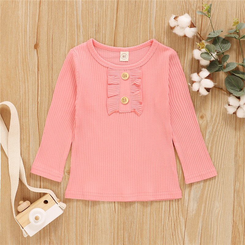 Meisjes t-shirt herfst winter kinderen meisjes baby basic tee tops lange mouw ruches knoop ronde hals t-shirts kleding 2-6 jaar