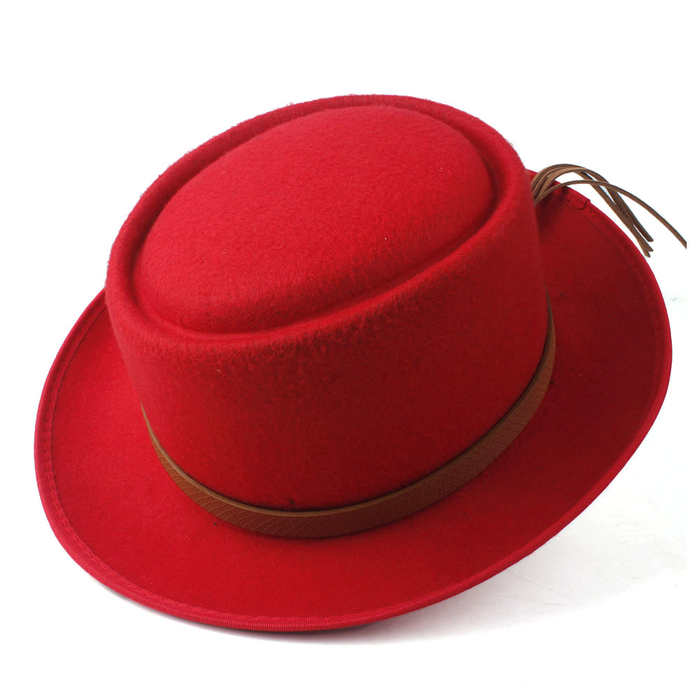 Sombrero de tarta de cerdo para mujer, sombrero Fedora de iglesia para hombre, sombrero plano de lana, Trilby, sombrero fascinador, tamaño 58CM,: Red