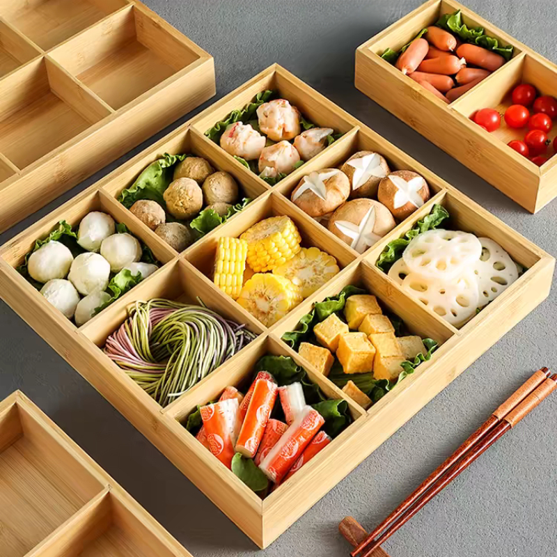 Bamboo Tray Dried Fruit Snacks Fruit Dessert Sushi Plate Pot Compartment Container Tea Table Snacks Dinner Plate