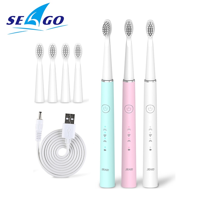 Seago Electric Toothbrush USB Rechargeable Sonic Tooth Brush for Female and Girl with 3 soft Brush heads box
