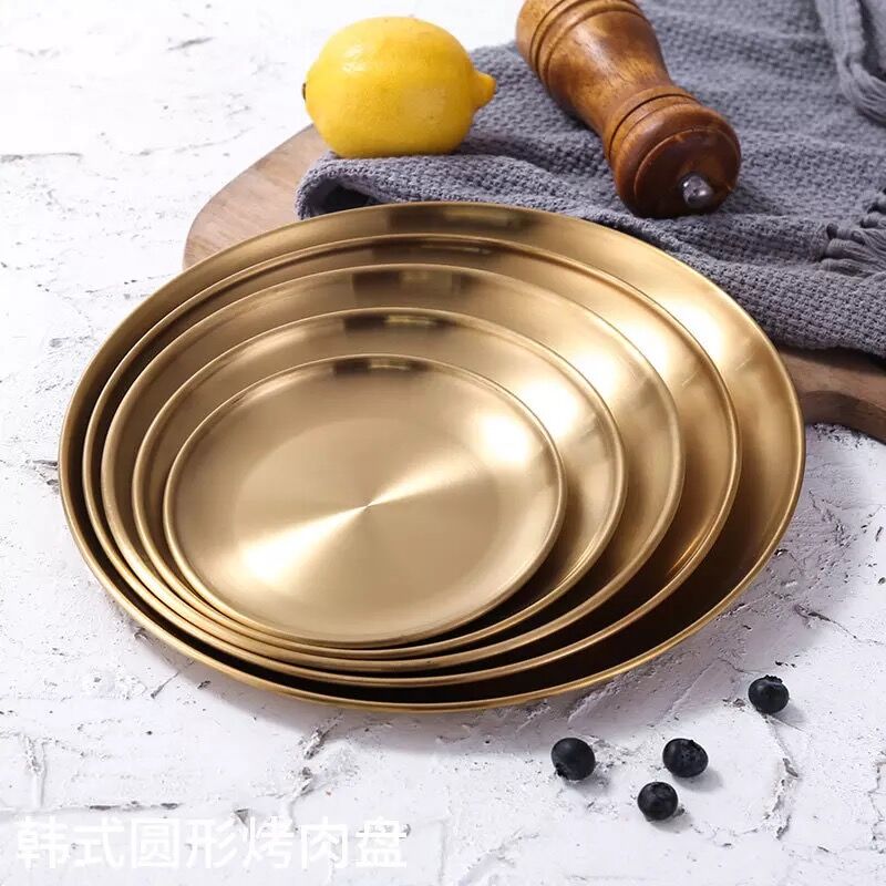 Koreansk grillskive rustfrit stål middagstallerken retro gylden skål flad lavvandet bakke yhj 40207