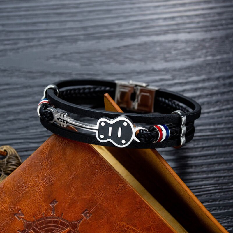Pulsera de cuero multicapa para hombre, guitarra de acero inoxidable, estilo Hip Hop