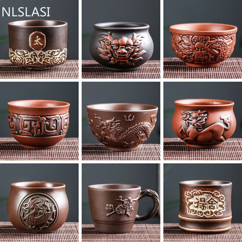 Yixing-tazas de té de arcilla púrpura de dragón tallado a mano, taza maestra china, suministros para beber para el hogar, 4 piezas