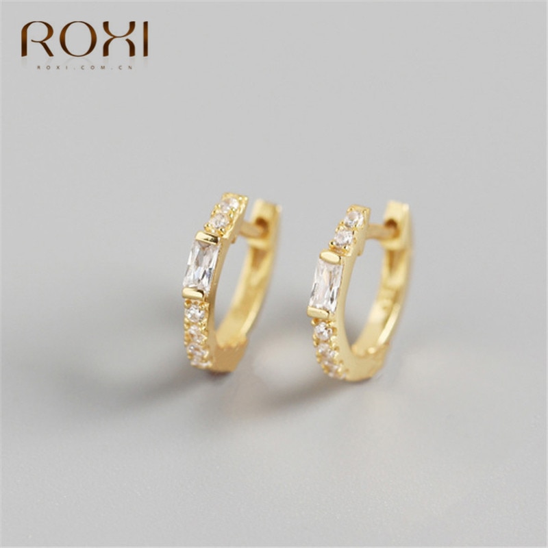 ROXI 925 Sterling Silver Clear Zircon Circle Stud Earrings for Women Square Crystal Loop Earrings Korean Jewelry Wedding Earring