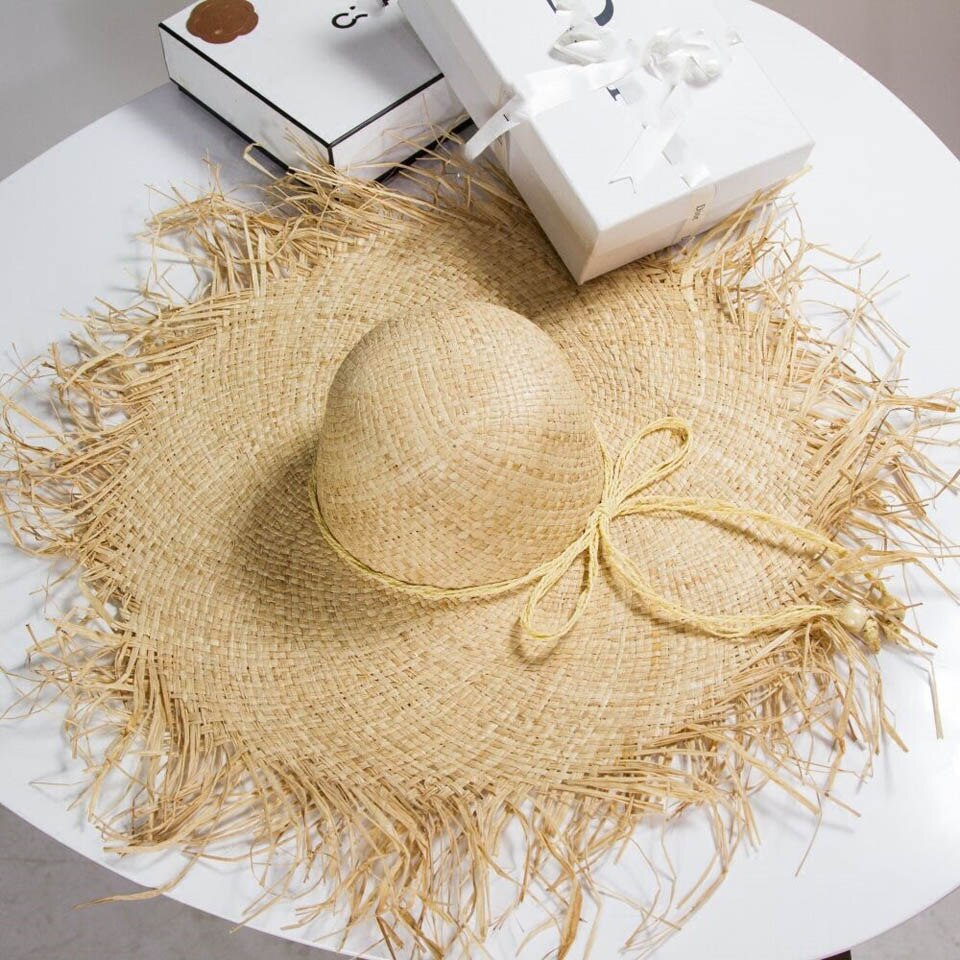 Summer  Handmade Women Straw Sun Hats Large Wide Brim Gilrs Natural Raffia Panama Beach Straw Sun Caps For