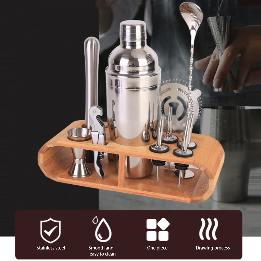 Cocktail Shaker Bartender Kit Stainless Steel Wine Drink Mixer Bartender Tool with Wooden Stand for Home Bar Party