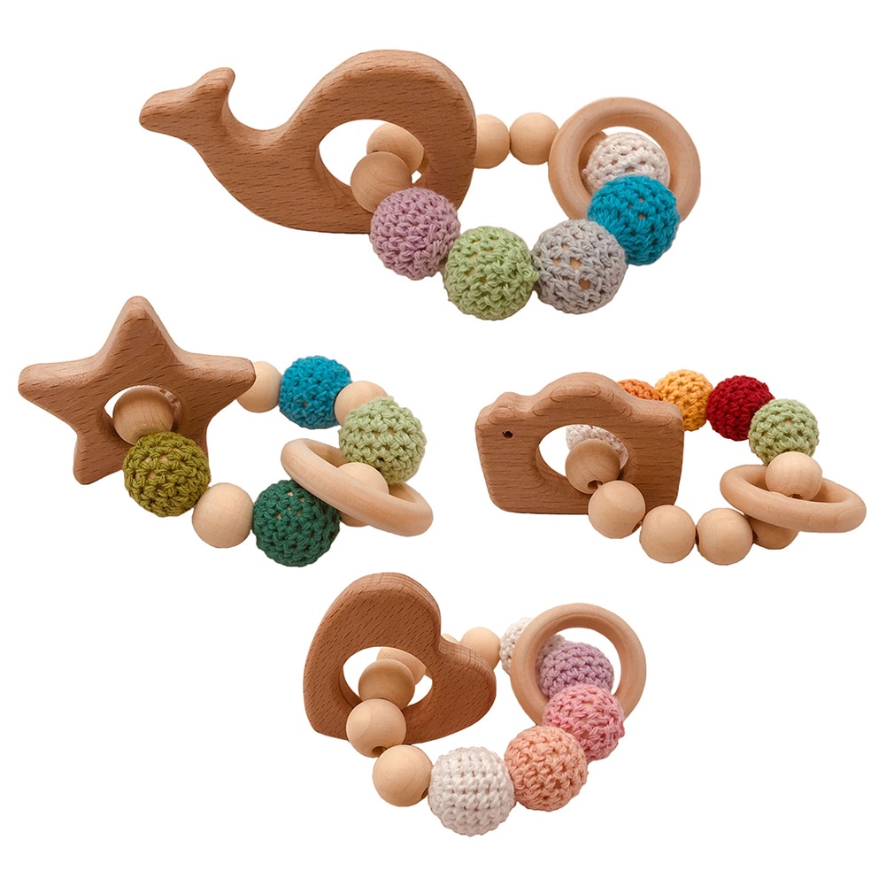 Tre baby tenner pleie armbånd søt tyggering leketøy perler bitringer baby rangle munnpleie tenner trille barnevogn tilbehør