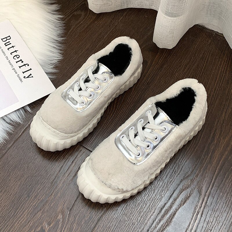 Zapatos peludos femeninos Otoño e Invierno pelo de cordero color plano a juego zapatos deportivos de encaje zapatos casuales de galleta marea