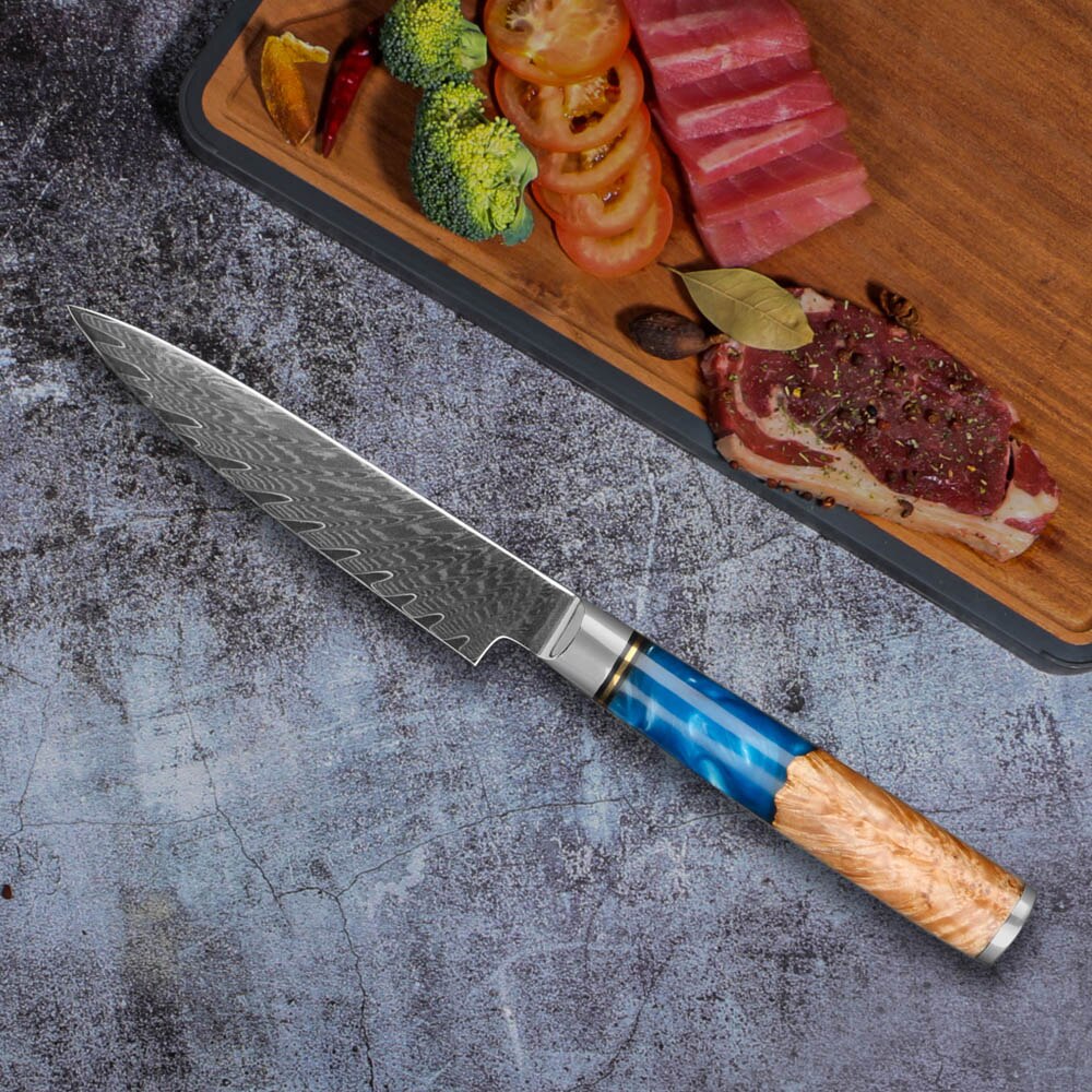 MOKYING Forged Kitchen Knife Set Damascus Steel Chef Knife Chopping Kitchen Knife Peeling Bread Knife Blue Resin Handle: F