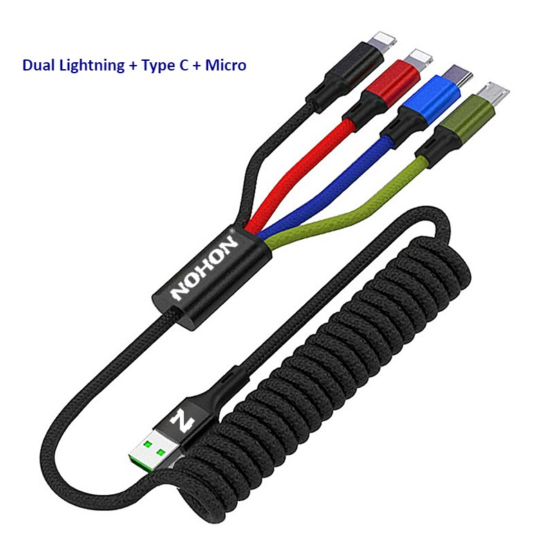 Nohon 1.8m 4 em 1 cabo usb para iphone 11 pro max samsung huawei mola rectractable micro usb tipo c cabo de fio de carregamento: Default Title