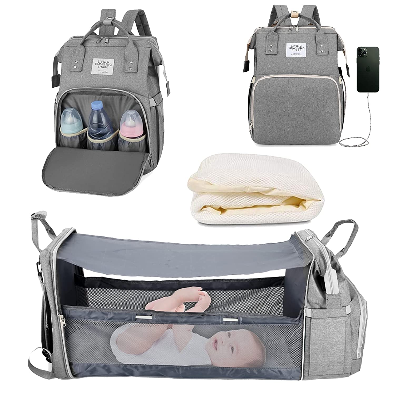 Bolsa de pañales 3 en 1, mochila con cuna plegable automática, portátil, impermeable, de gran capacidad, con puerto USB: 1