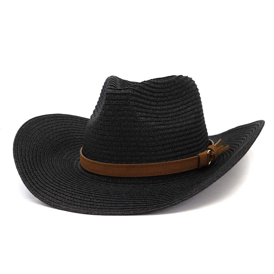 HOAREE, sombrero de vaquero de verano para hombre, sombrero de paja azul marino para el sol con cinturón, sombrero ancho Vintage para mujer, gorros de vaquera para decoración de playa, sombreros UV: Black