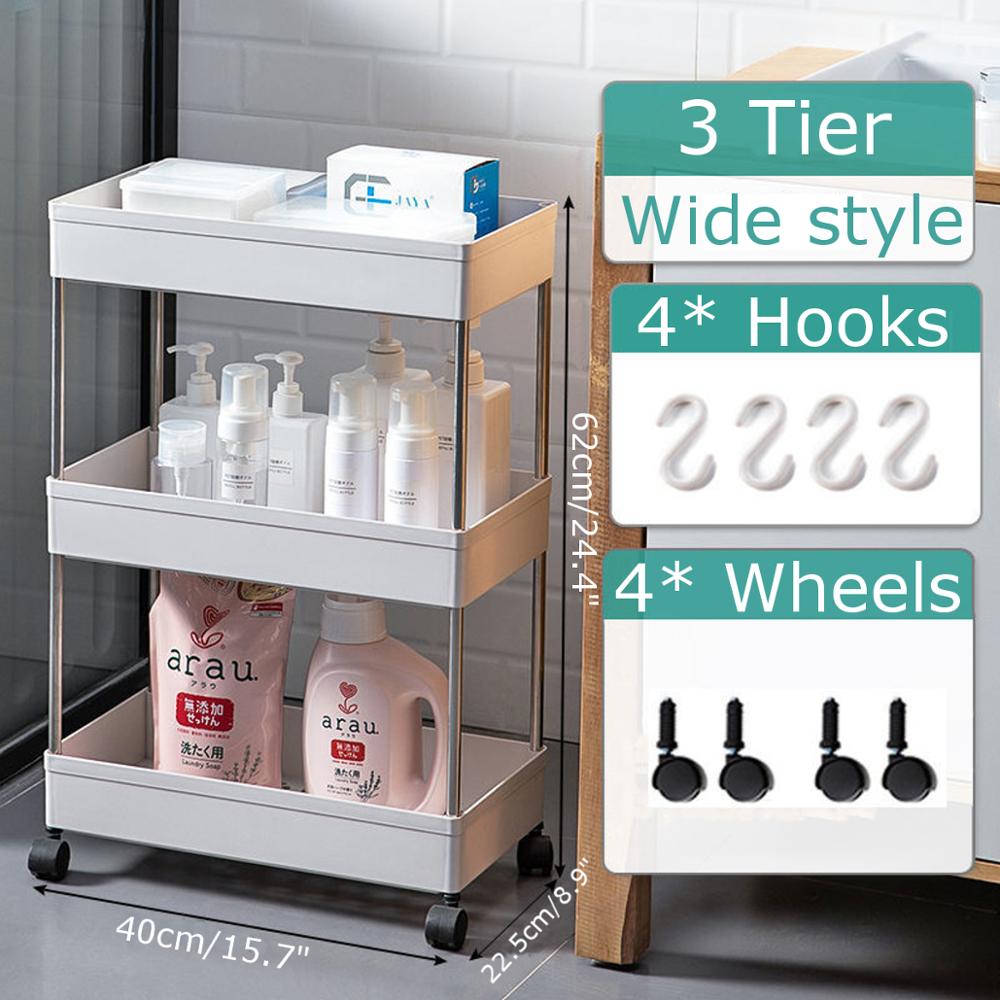 4 Layer Gap Kitchen Storage Rack Slim Slide Tower Movable Assemble Plastic Bathroom Shelf With Wheels Space Saving Organizer: 3 Tier Wide style