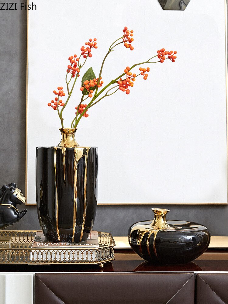 Svart guld keramik vas blommor kruka blomsterarrangemang skrivbord dekoration hantverk glasyr porslin vaser blommig heminredning modern