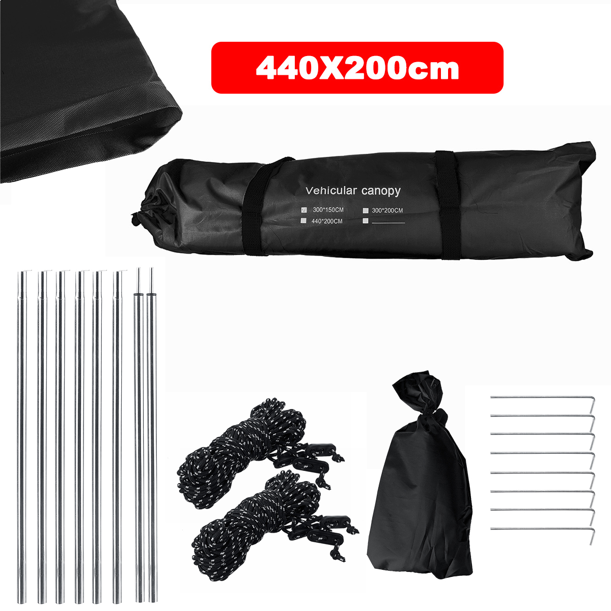 440 x 200cm bil sidely skygge camping bil tagtelt markise vandtæt uv campingtelt bil tag regnsejl: Sort