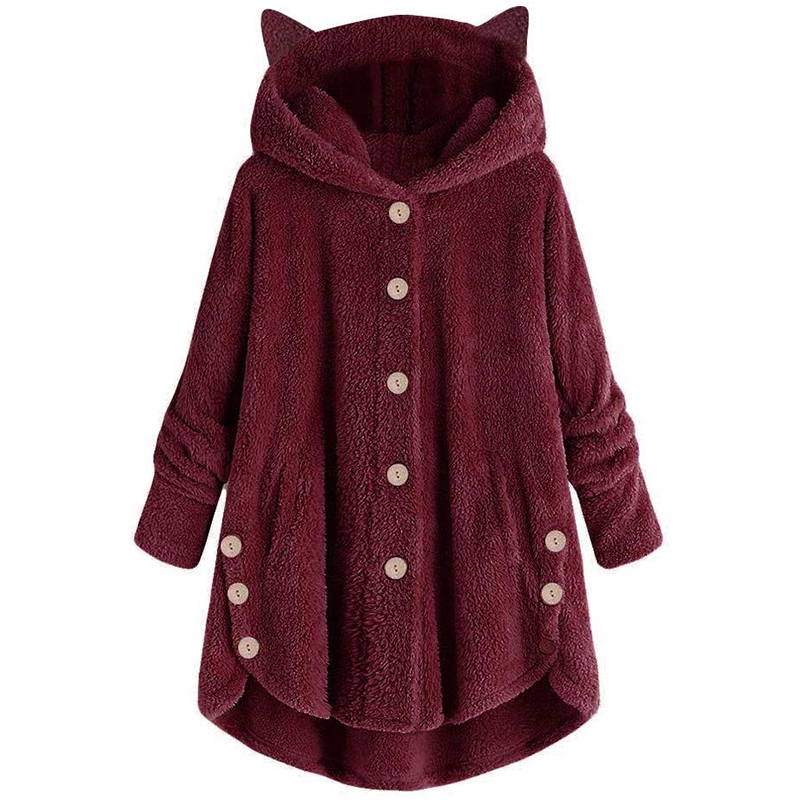 otoño chaqueta de mujer hebilla lateral mullido dobladillo Abrigo con capucha holgado cálido oído largo abrigo: B / S