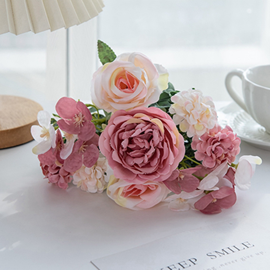 Artificial Flowers 7 Fork Silk Rose Peony Hydrangea Festival Wreath Decor Wedding Wreath Home Room Table DIY Craft Accessories: M / Pink