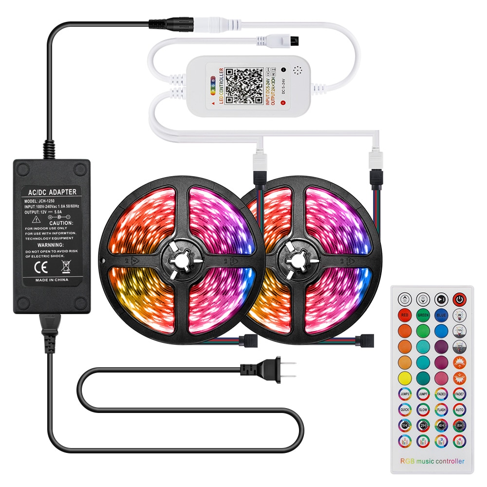 5050 RGB LED Strip Light Kit 10m Flexible Led Lighting Stripe Diode Music Remote Controller Power Adapter Set for Home Bar