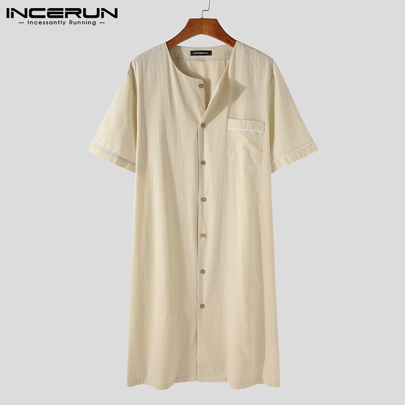 Summer Men Robes Solid Color Short Sleeve Button Up Comfortable Cotton Homewear Bathrobes Leisure Mens Nightgown S-5XL INCERUN