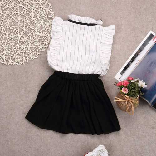 2 STUKS Set Meisjes Jurk Kinderen meisje gestreepte mouwloze Tops + solid Rok Outfits Kleding set