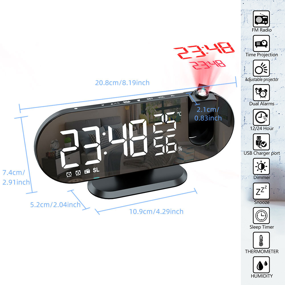 FM Radio LED Digital Smart Alarm Clock Watch Table Electronic Desktop Clocks USB Wake Up Clock with 180° Time Projector Snooze