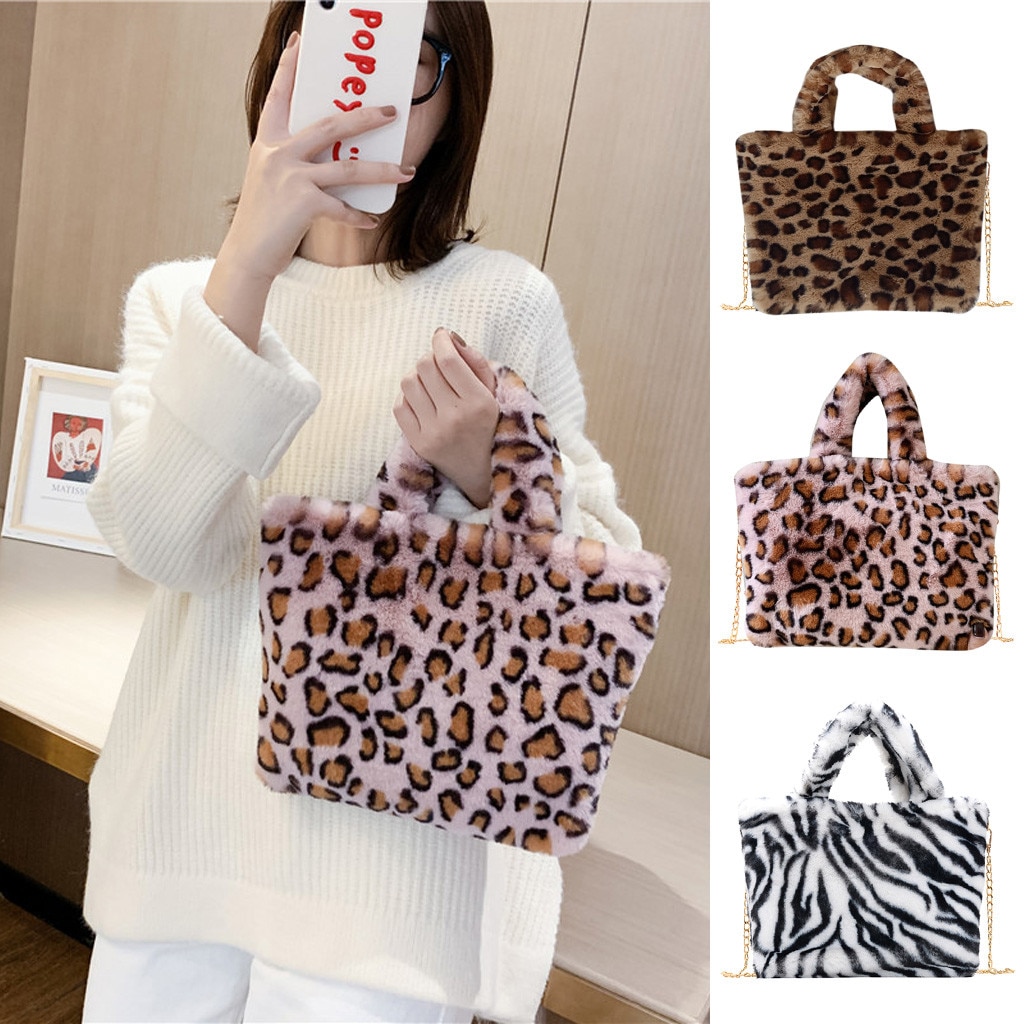 Woman Messenger Bags Chains Leopard Pattern Plush Handbags Autumn Winter Women Cute Fluffy Crossbody Bag