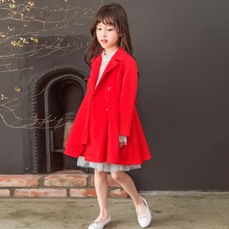 Meisjes Trenchcoat Herfst Winter Mode Effen Kleur Lange mouwen Katoenen Kinderen Trenchcoat Meisje Kinderen Jas 6-14 jaar
