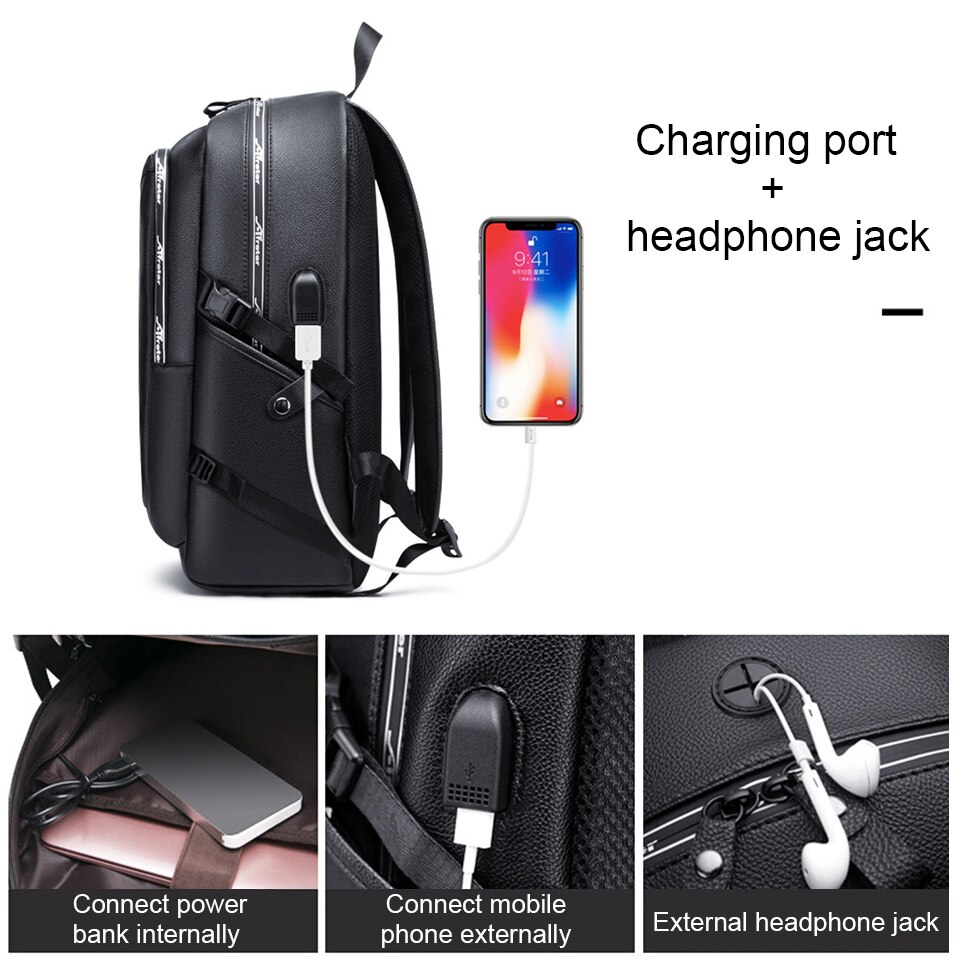 Laptop Backpack Large Men's Leather Backpack PU Waterproof Travel Business Backpack USB Charger Backpack Men's 15.6 Inch Men 002